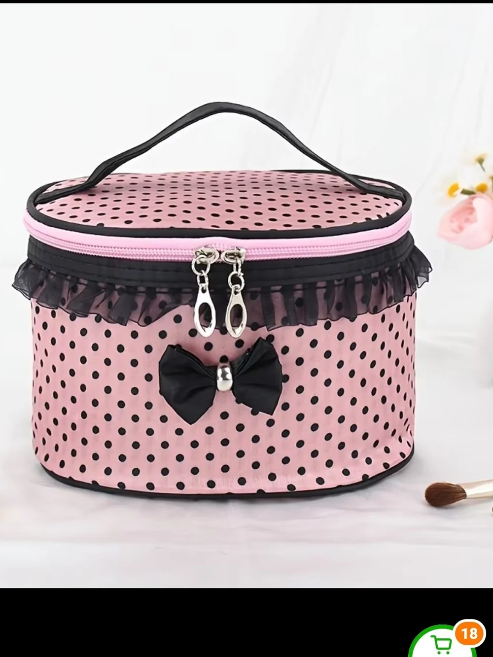 Pink Polka Dot Cosmetic Train Case with Black Trim and Bow